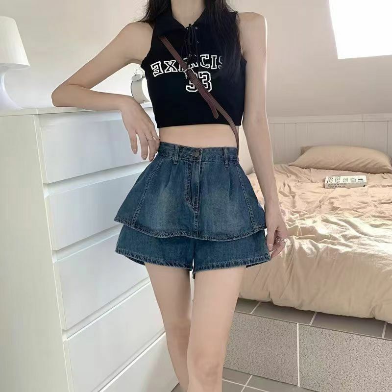 2024 Summer Ruffle Edge High Waist Slim Denim Shorts for Women's New Hong Kong Style Retro Design with Pleated Half Skirt Pants
