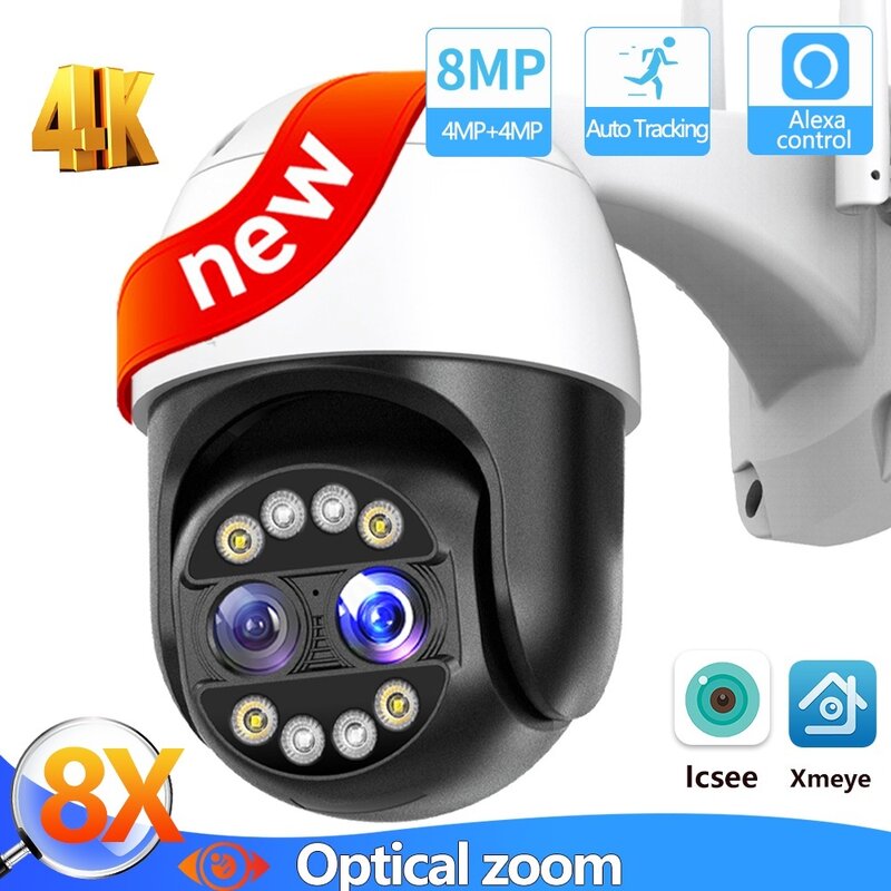 Nieuwe 8mp 4K Ptz Ip Camera Binoculaire Videobewaking Wifi 8x Hybride Zoom Dubbele Lens Menselijke Detectie 4mp Audio Track Beveiliging