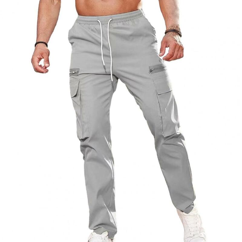 Men Cargo Pants Drawstring Elastic Waist Loose Zipper Decor Multi Pockets Solid Color  Breathable Mid Waist Men Long Trousers