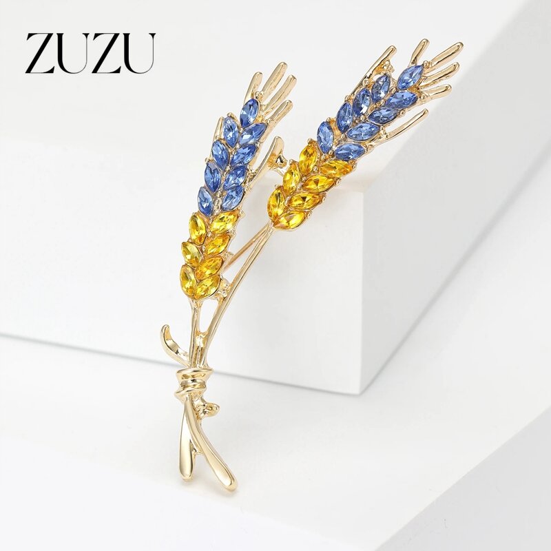 Modne broszki z uchem pszenicy dla kobiet Rhinestone niebieskie i żółte szpilki z roślinami biżuteria odznaka z kryształu górskiego delikatne akcesoria do prezentów