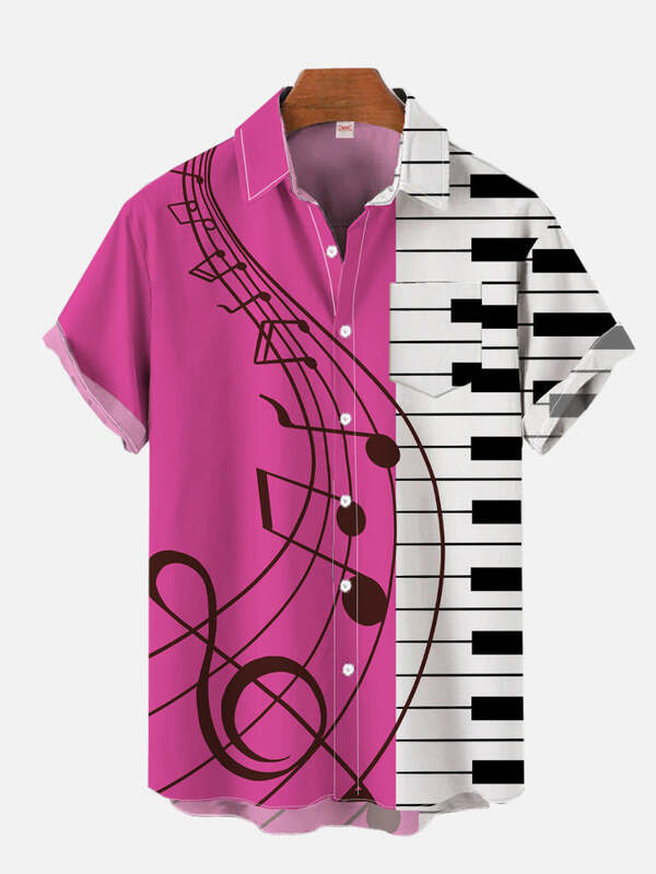 Nowa moda Hawajskie elementy muzyczne Notatki Druk 3D Klasyczna koszula z krótkim rękawem Moda Hawajska koszula dla mężczyzn Harajuku