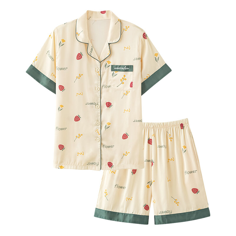 Conjunto de Pijama de satén de seda Sexy para mujer, conjunto de M-4XL de manga corta, cuello vuelto, ropa de casa de verano
