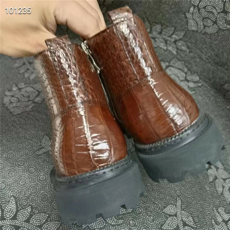 Botas autênticas de couro de jacaré para homens, botas casuais com zip, pele exótica genuína de crocodilo preto e marrom, sapatos masculinos