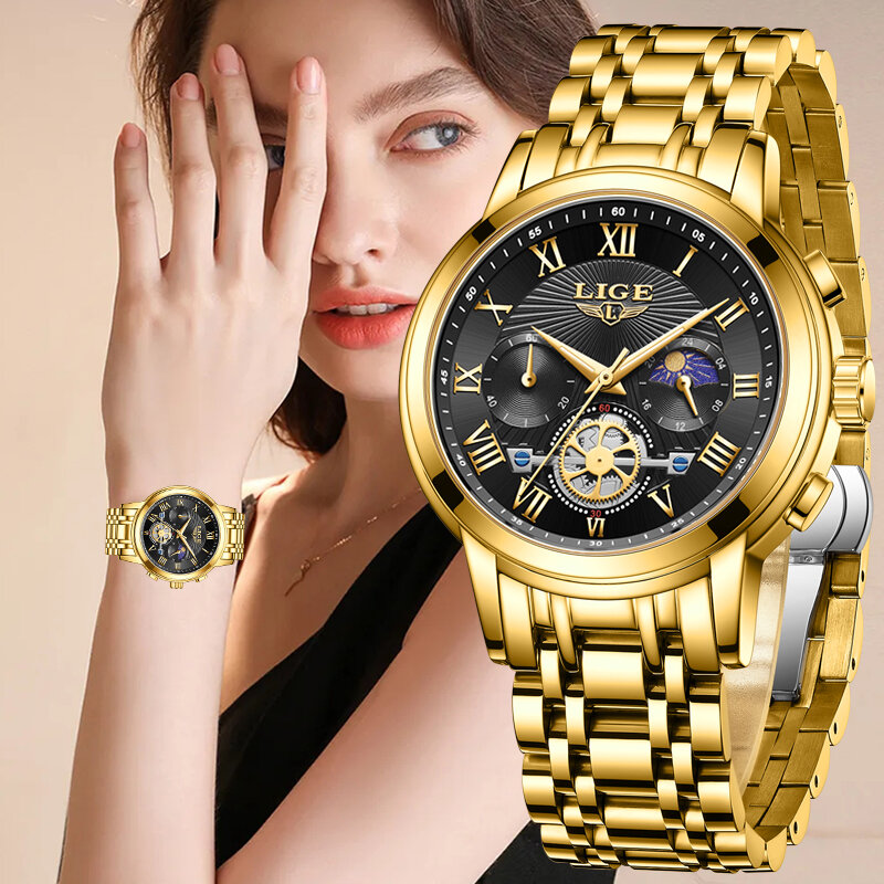 LIGE-Relógio de quartzo impermeável feminino com caixa, militar, esportivo, cronógrafo, casual, luxo, marca de topo, moda