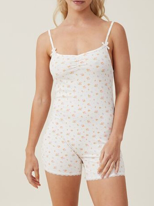 Frauen y2k Blumen Stram pler Shorts ärmellose Spaghetti träger kurze Overall Bodysuit Lounge wear Pyjamas