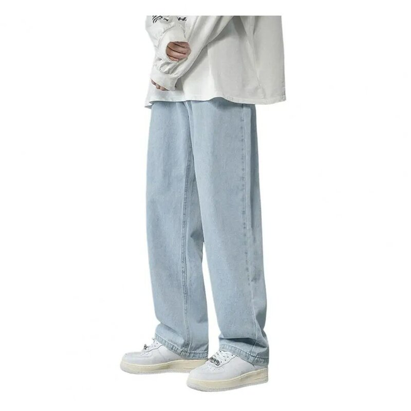 Jeans de pernas retas masculino com bolsos, calças de perna larga, jeans lavado, estilo hip-hop, primavera