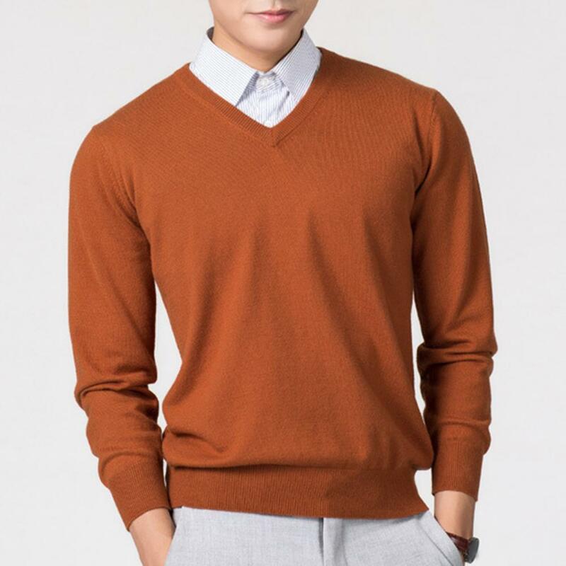 남성용 편안한 V넥 단색 스웨터, 슬림핏 니트웨어, 두꺼운 풀오버 점퍼, 편안한 가을 겨울