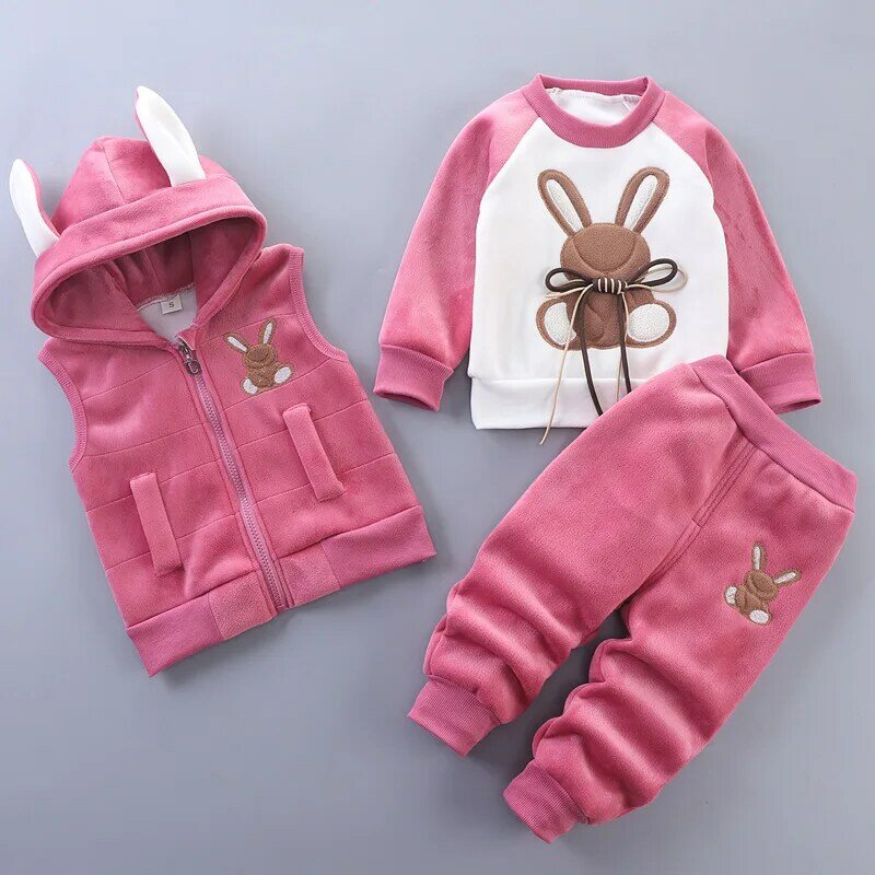 Зимний комплект детской одежды для мальчиков, теплый свитшот с мультяшным кроликом + жилет с капюшоном + брюки, костюм из 3 предметов для детей, холодная одежда