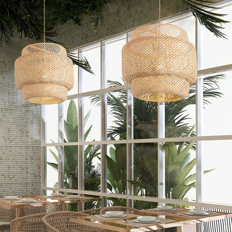 Mão de malha estilo chinês luzes pingente de bambu, tecelagem lâmpadas suspensas, iluminação interior, sala de estar, restaurante, decoração de casa
