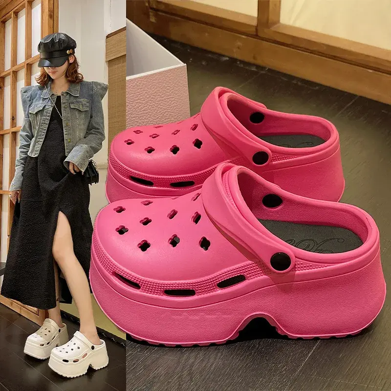 9CM Thick Sole Slippers 2024 Summer Women's Hole Shoes Outdoor Wear High Heels Sandals Fashionable Solid Colors EVA Garden Shoes
