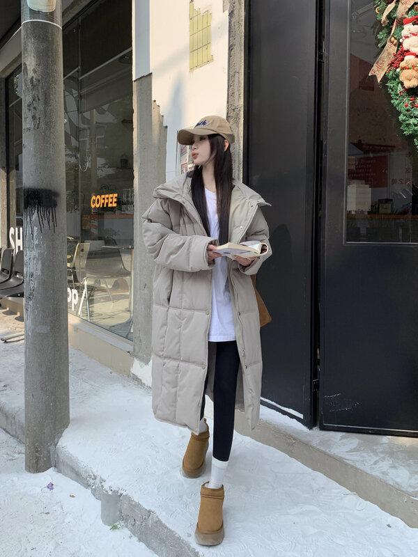 여성용 오버사이즈 롱 코트, 다운 코튼 재킷, 한국 패션, 패딩 오버코트, 여성용 캐주얼, 두껍고 따뜻한 지퍼 코트
