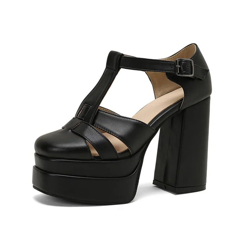 Sandalias de plataforma impermeables para mujer, zapatos de tacón alto de 12cm, tejido, hueco, Color sólido, talla grande 34-50, para verano, 2024