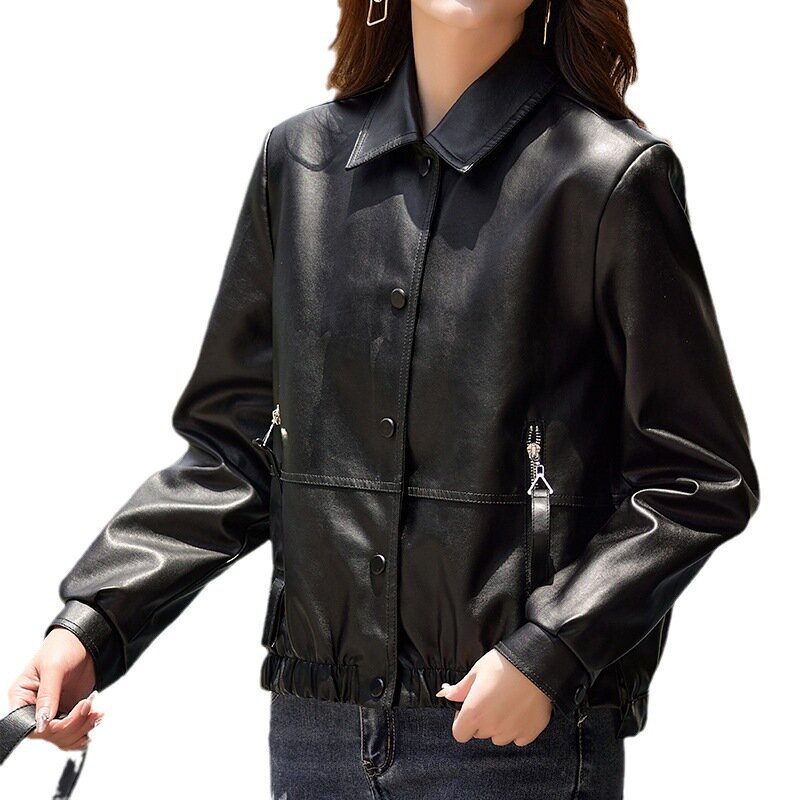 2024 Men's New Pu Leather Coat Autumn Lapel Button Slim-Fit Leather Coat