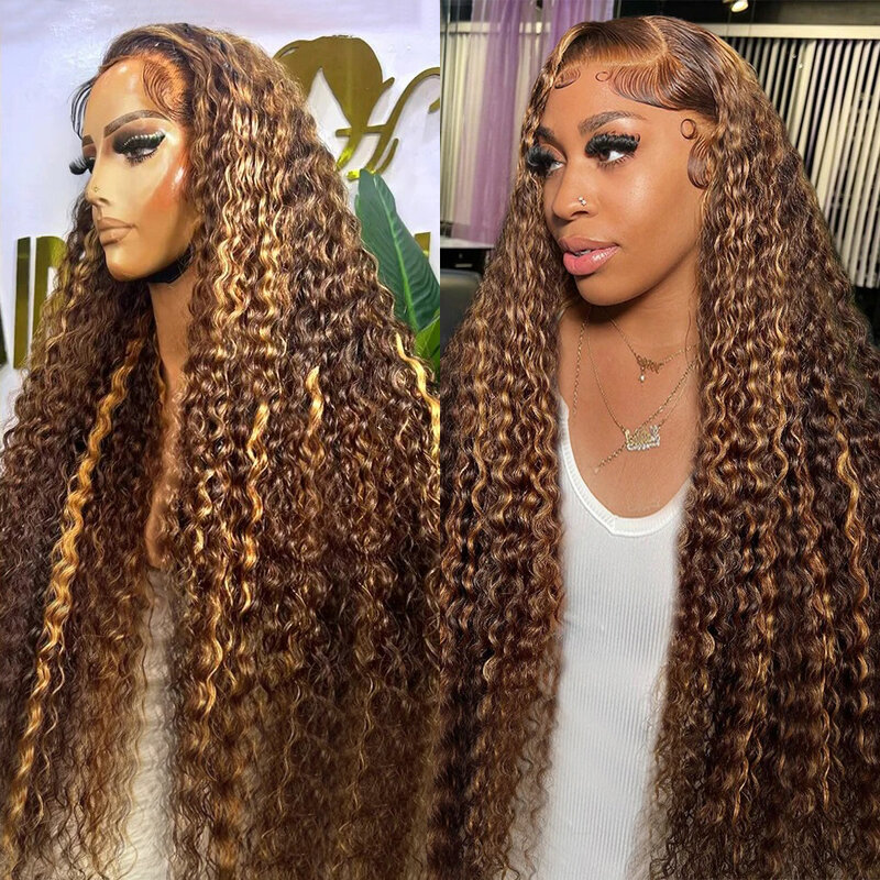 30 32 Inch Highlight Honey Brown Curly Lace Front Human Hair Wigs Brazilian 13x4 Ombre Colored Deep Wave Lace Frontal Wigs Women