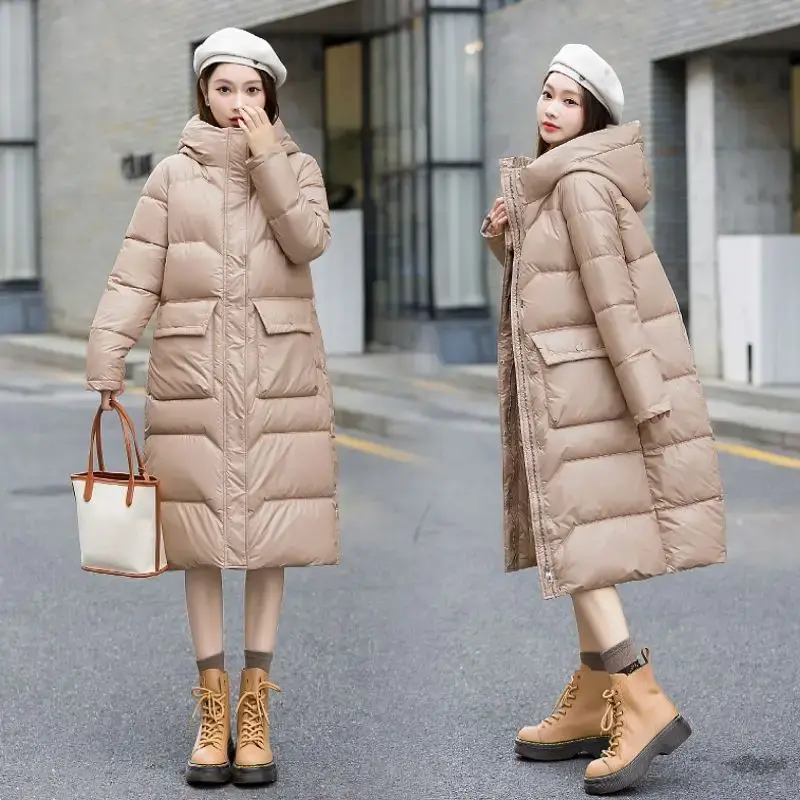 2023 Winter Damen lange Jacke warme Kapuze Design gerade Rohr Baumwoll mantel weiblich verlängert verdickt lässig Overs ize Parkas