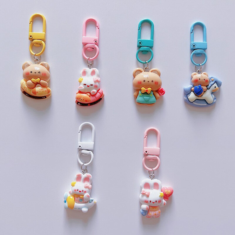 Kawaii Cartoon Bear Bunny Keychain Lovely Rabbit Keyring Car Key Chain For Girls Cute Bag Pendant Backpack Charm