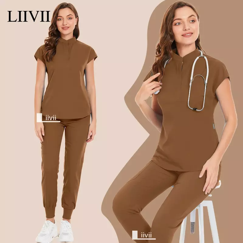 Brown Beauty Workwear Women Medical Nurses Uniform Surgical Scrubs Set Spa Tops Pants Clinic Carer Nursing Uniforms Jogger Suits
