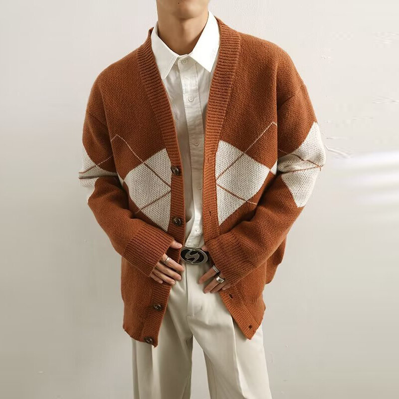 Streetwear Men's Sweater Cardigan Fashion Crochet Jacquard Knitting Jackets Men Casual Button-up V Neck Slim Sweater Coats