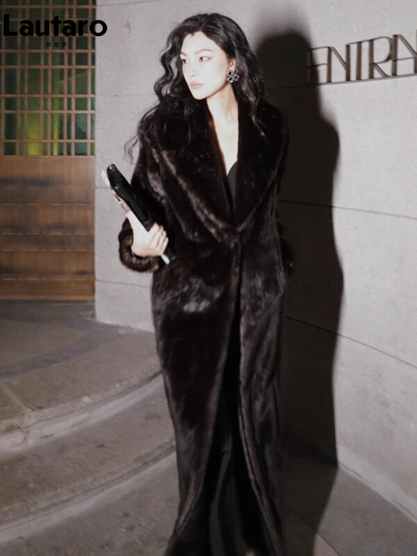 Lautaro mantel bulu halus elegan Maxi kerah selendang wanita mantel bulu cerpelai imitasi hangat ekstra panjang musim gugur musim dingin 2023