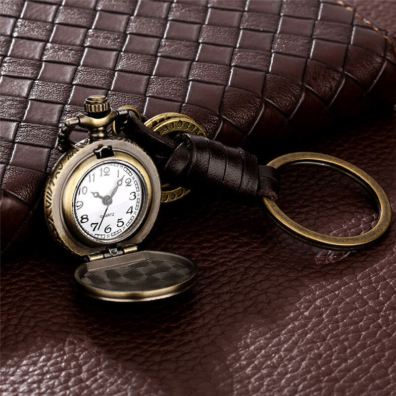 Бронзовые карманные часы с вырезами, цветочным рисунком, подвеска мини-размера, кольцо для ключей, кварцевые часы для мужчин и женщин, дисплей с арабскими цифрами