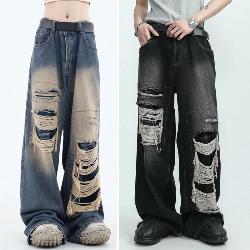 Винтажные готические женские джинсы с широкими штанинами, с завышенной талией, с рваными дырками, в стиле хип-хоп, однотонные