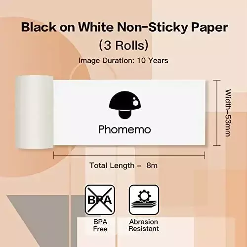 Phomemo-papel térmico blanco, no adhesivo, adecuado para Mini impresora Phomemo M02/M02 Pro/M02S, 53mm x 6,5 m, 10 años, 3 rollos