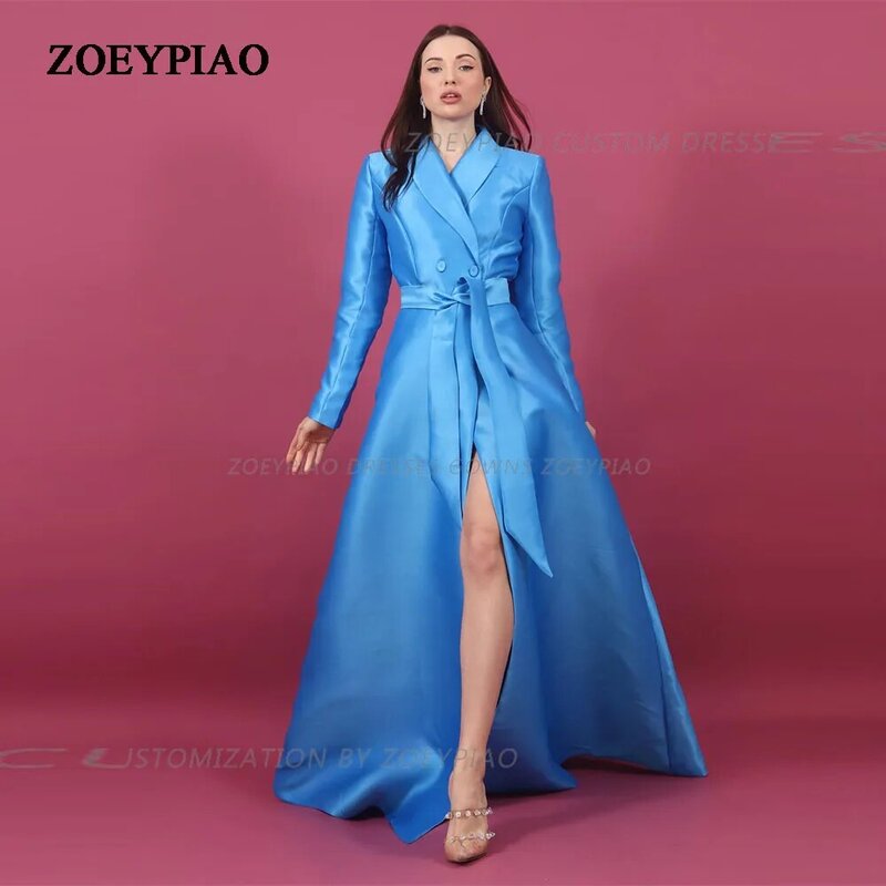 Simple Blue Button Full Sleeves Prom Dresses Long A Line Button Front Slit Evening Gowns 2024 Women Formal Party Dress Vestidos