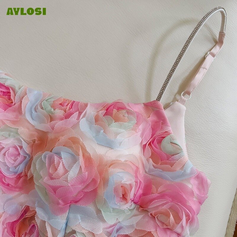AyLosi 여성용 민소매 스트리트웨어 파티 원피스, 3D 꽃 자수 스트랩 드레스, 해변 휴가