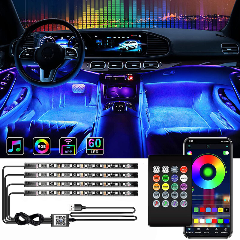 네온 LED 자동차 인테리어 앰비언트 풋 스트립 라이트 키트, RGB 장식 램프, 백라이트 원격 앱, 음악 제어, 자동차 액세서리