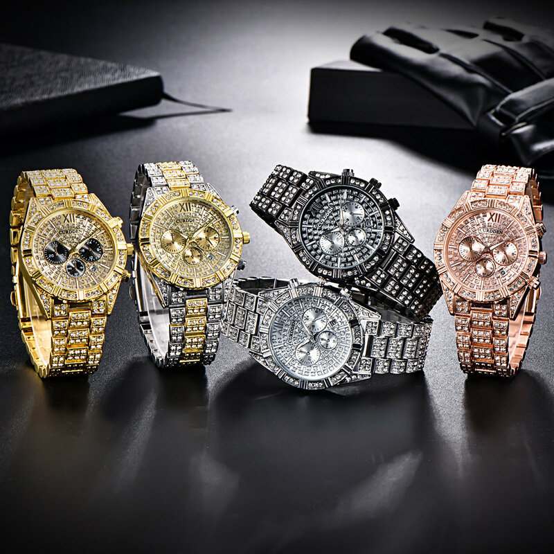 ساعة كوارتز مثلجة بالكامل بالماس للنساء ، ساعات ذهبية ، فولاذ مقاوم للصدأ ، ساعات يد فاخرة ، هدية على مدار الساعة