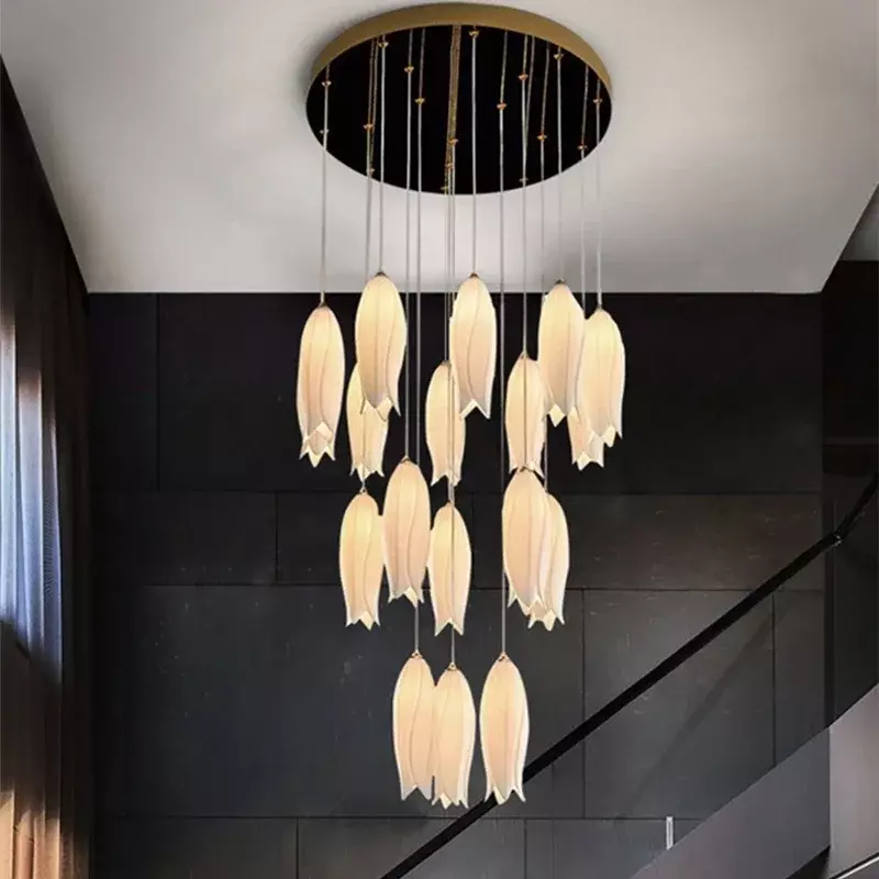 Nordic Ceramic Tulip Staircase Chandelier For Villa Bedroom Bedside Restaurant Hotel Duplex Building Multi Heads Pendant Lamp