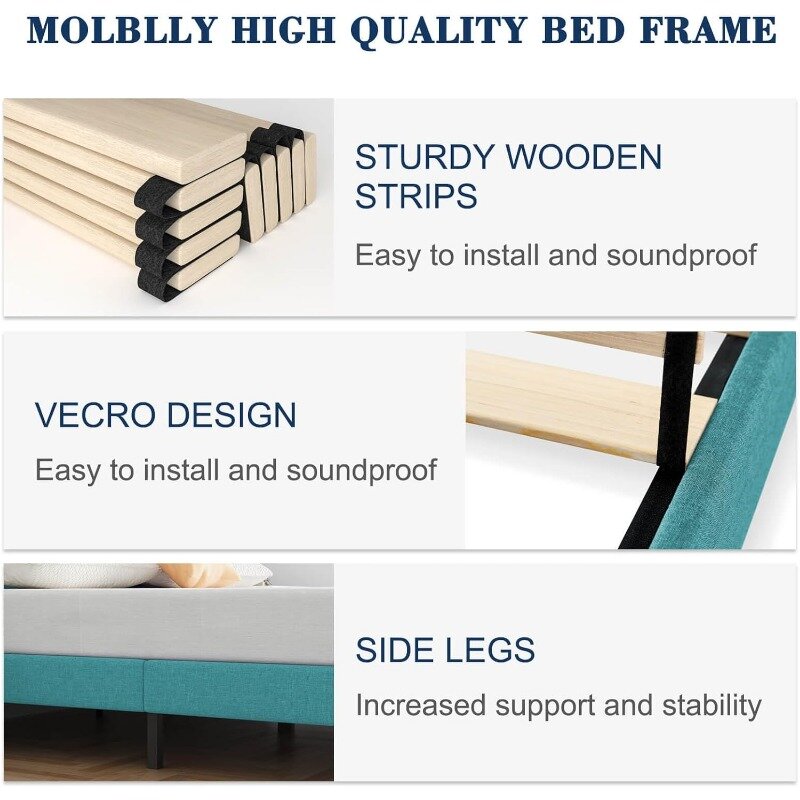 Marco de cama tapizado, plataforma con cabecero y listones de madera fuertes, gran capacidad de peso, antideslizante y sin ruido