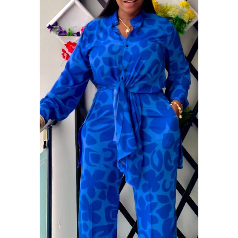 Plus Size Vacation Pant Set Blue All Over Print Button Long Sleeve Two Piece Pant Set