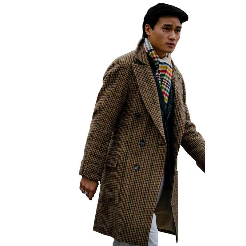 남성용 격자 무늬 럭셔리 롱 코트, 모직 피크 라펠 더블 브레스트 오버코트, 슬림핏 비즈니스 사무실 블레이저 전용 재킷