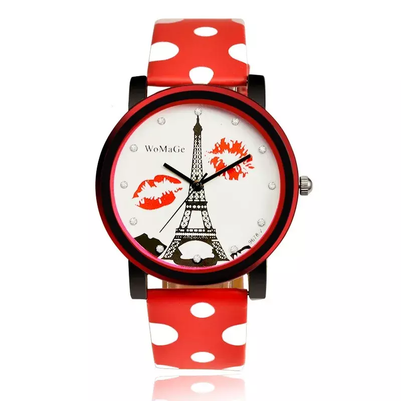 2019 Womage Vrouw Horloge Mode Eiffeltoren Horloge Polka Dot Lederen Horloges Vrouwen Horloges Horloges Quartz Horloge Dames