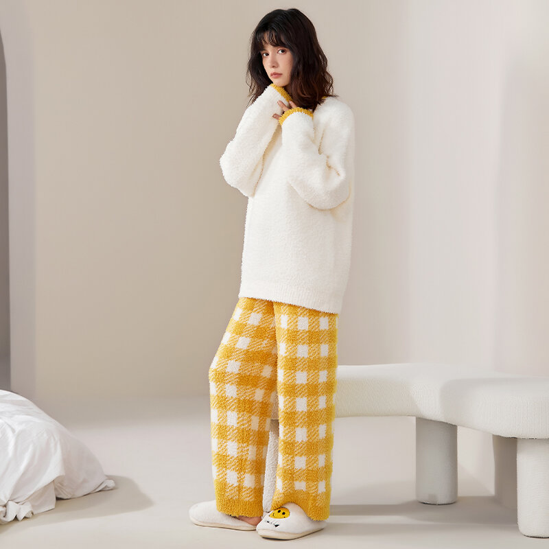 High Quality Fashion Winter Women Pajama Set Warm Flannel Sleepwear Long Sleeve Solid Nightwear