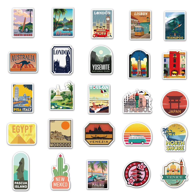 10/30/50PCS World Travel Attractions Graffiti Stickers Suitcases Laptops Mobile Phone Guitar Water Cup Decorative Stickers