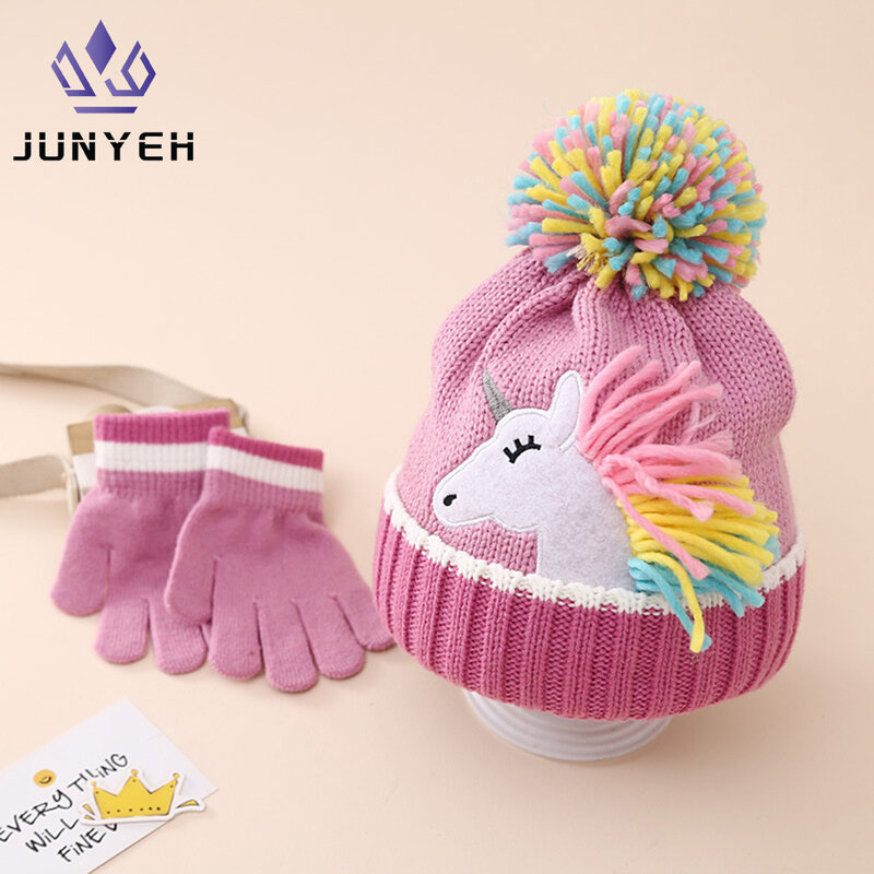 Детский зимний комплект, вязаная шапка и перчатки с мультяшным единорогом, зимняя теплая облегающая шапка и рукавицы для девочек, набор для детей