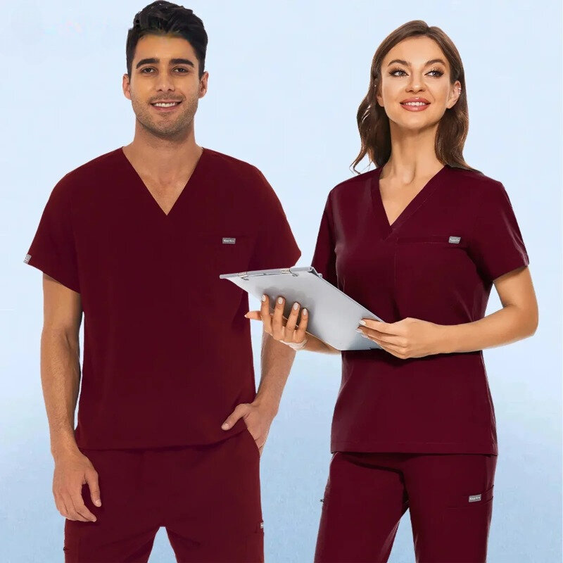 Unisex Medisch Uniform Verpleegkundige Uniform Scrubs Tops Korte Mouw Hoge Kwaliteit Heren Shirts Effen Kleur Jogger Blouse Dokter Werkkleding