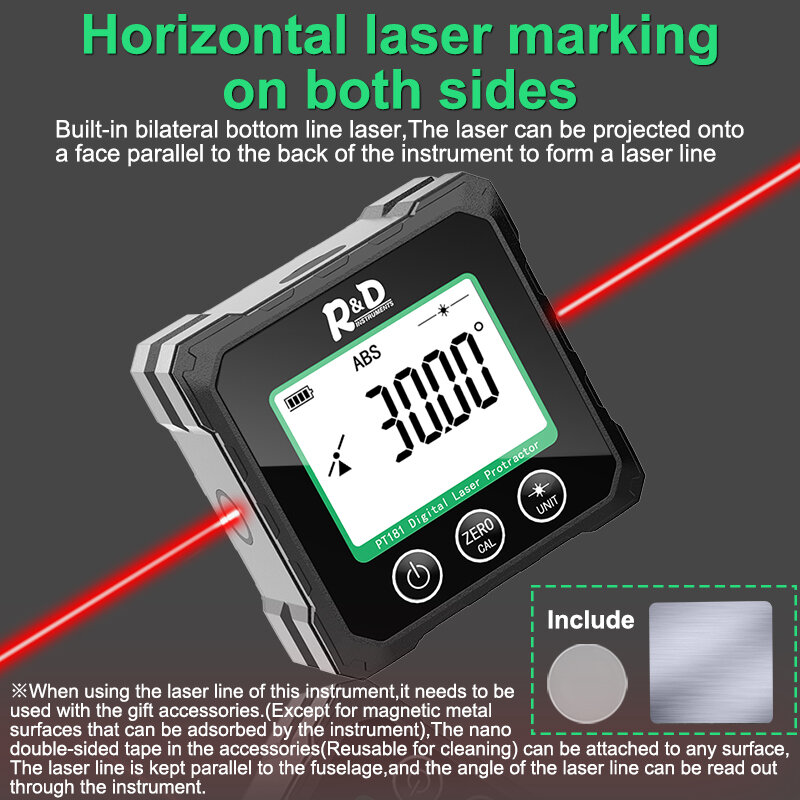 R & D PT180 PT181 Laser Kỹ Thuật Số Protractor Đo Góc Inclinometer Laser 3 Trong 1 Cấp Độ Hộp Loại-C sạc Thước Đo Góc Cho Gia Đình