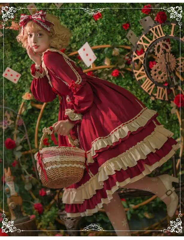 Robe Lolita OP de Noël à manches longues, volants taille haute 16%, robe de cour vintage, nœud doux, fête élégante