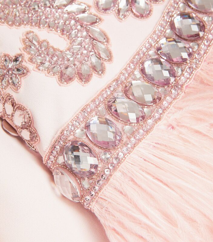 Pandora elegantes rosa saudi-arabisches Damen abendkleid, hoher Hals, lange Ärmel boden langes Kristallfederfleck-Party kleid