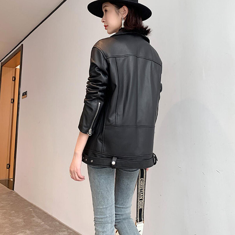 Cappotto di pelle di pecora 2023 donne autunno moda coreana di media lunghezza sciolto locomotiva cerniera giacca di pelle Chaquetas De Cuero Para Mujer