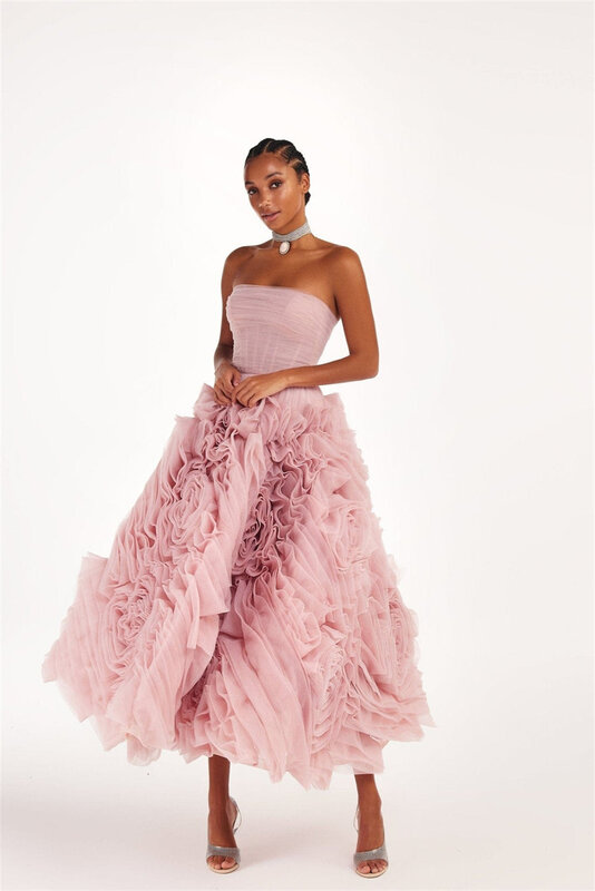 Prom Dresses Fashion Strapless Ball Gown Quinceanera  Flowers Fold Chiffon Occasion Evening Gownvestido feminino	 платье на вы