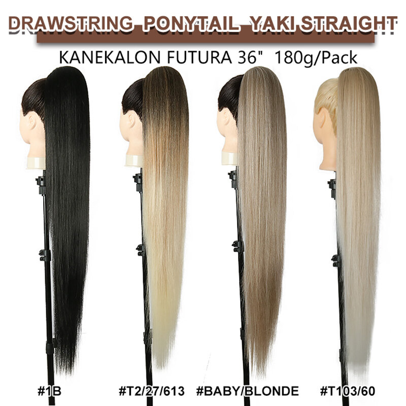 Julianna Extra Long 36inches Synthetic Kanekalon Futura Natural Smooth Straight HairPieces Drawstring Ponytails Hair Extensions