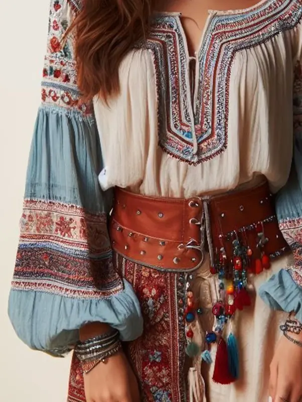 Blusa Bohemia con mangas acampanadas para mujer, blusa elegante con estampado Floral, cuello redondo, estilo étnico hueco, primavera, verano y otoño