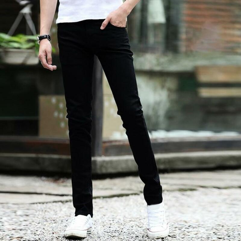 Jeans skinny meio-rasgado masculino com bolsos múltiplos, calça jeans justa, streetwear reto, com zíper, primavera, outono