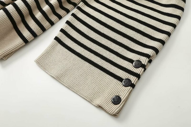Damska 2023 nowa modna dekoracja spinka mankietowa luźna dzianinowy sweter w paski Vintage z długim rękawem damskie swetry eleganckie koszule