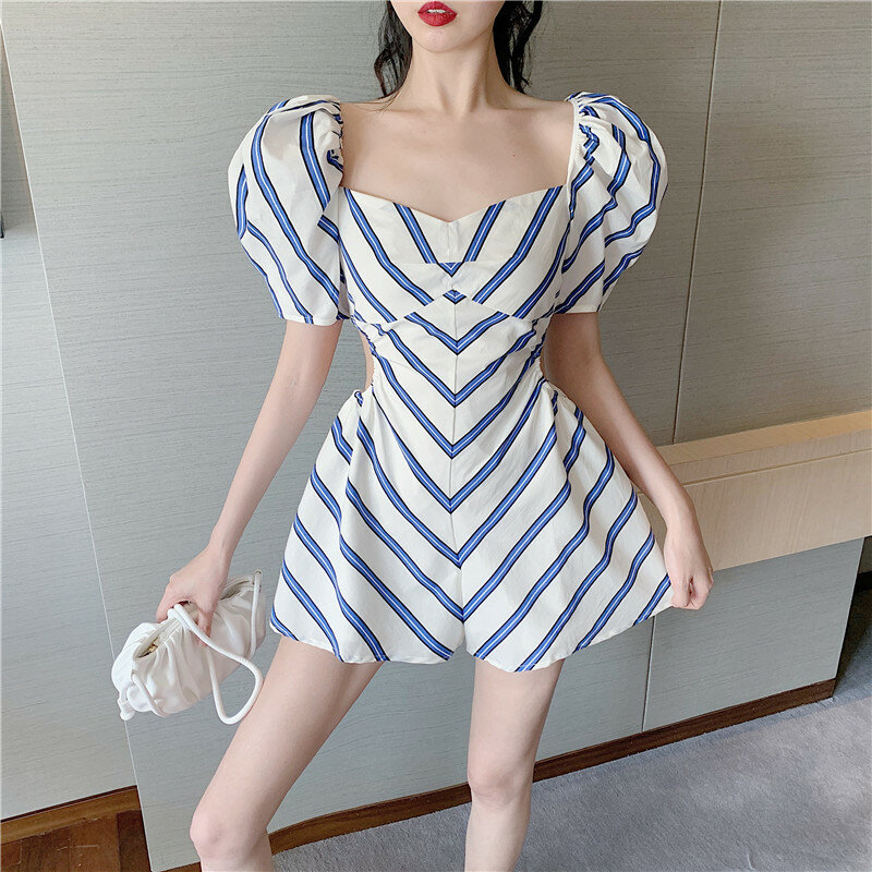 Woman Jumpsuits Square Collar Sexy Skinny Striped Short Puff Sleeve Casual Fashion Beach Women Cottagecore Rompers New Playsuits