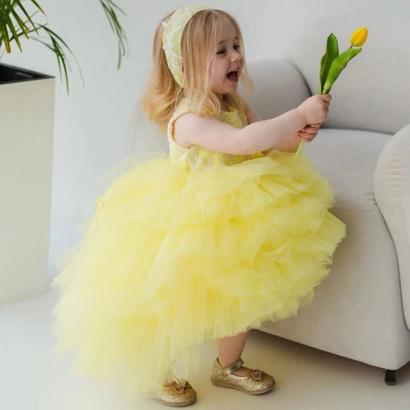 Giallo Puffy Tulle Flower Girl Dress paillettes outfit Toddler Girl a-line Princess First comunione Gown senza maniche Wedding Kids